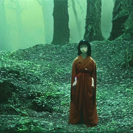 Prompt: a film still of an unsettling but beautiful female yokai haunting the depths of a Japanese forest, lighting by sven nykvist