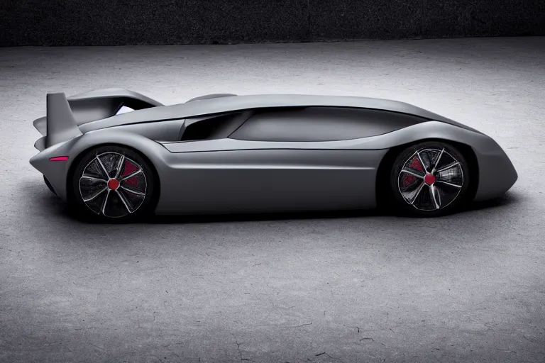 Image similar to A futuristic supercar made of a slick grey scaled metal, professional garage photograph.