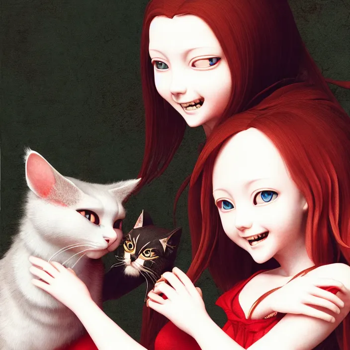 Prompt: renaissance portrait of the mischievous vampire girl loner smiling at her cat, by katsuhiro otomo, and artgerm rendered with 3 d effect.