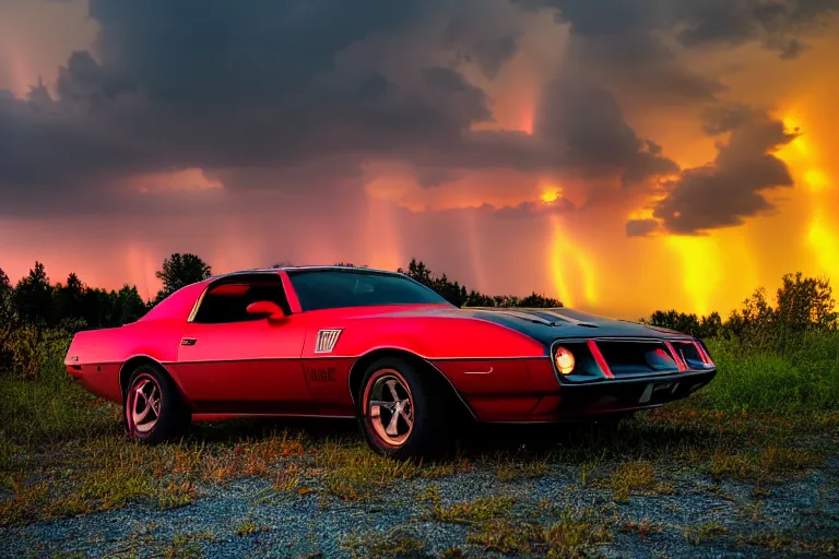 Image similar to pontiac firebird with glowing paint, sunrise, eerie light, fireflies, dog watching the car, dramatic, cinematic, forest, horror, sunbeams, volumetric lighting, wide shot, low angle, lightning storm hitting the car, ground cracking open to reveal a portal to hell