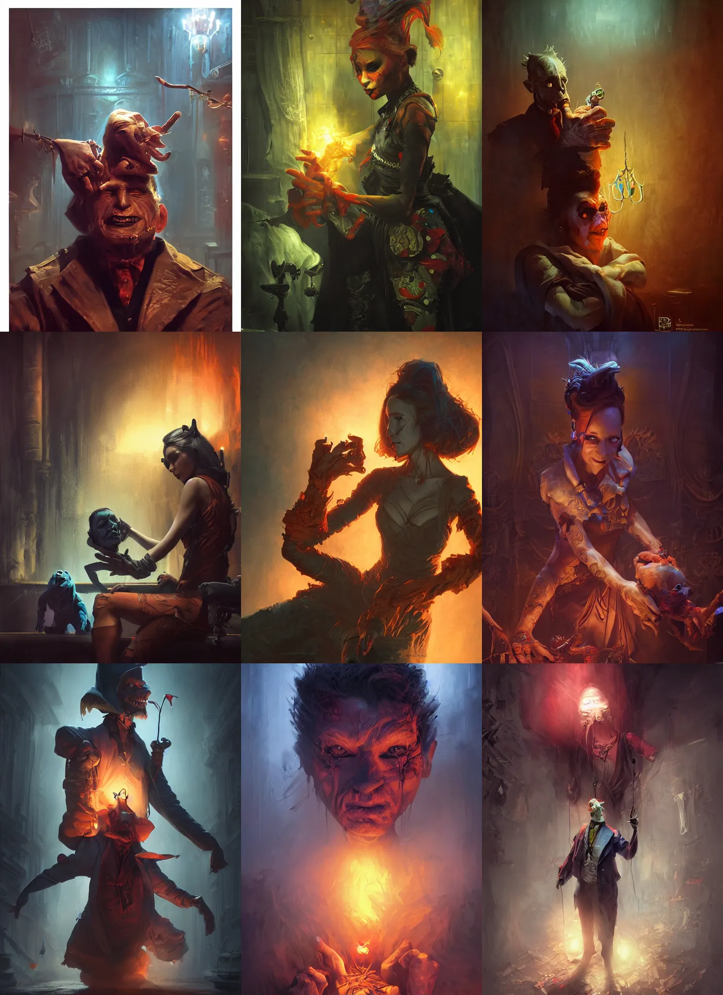 Prompt: the puppetmaster, vivid colors, dark shadows, contrast, concept art, sharp focus, digital art, Hyper-realistic, 4K, Unreal Engine, Highly Detailed, Dramatic Lighting, Beautiful, by Brom, bastien lecouffe-deharme