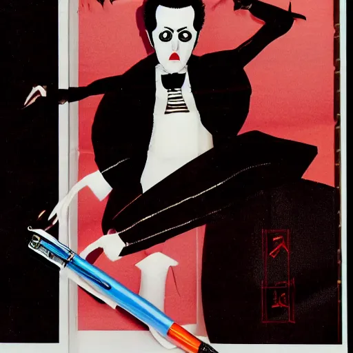 Prompt: a high quality product photo ad of klaus nomi with a technical reed rollerball pen exacto knife by junji ito and william joyce, ethereal eel