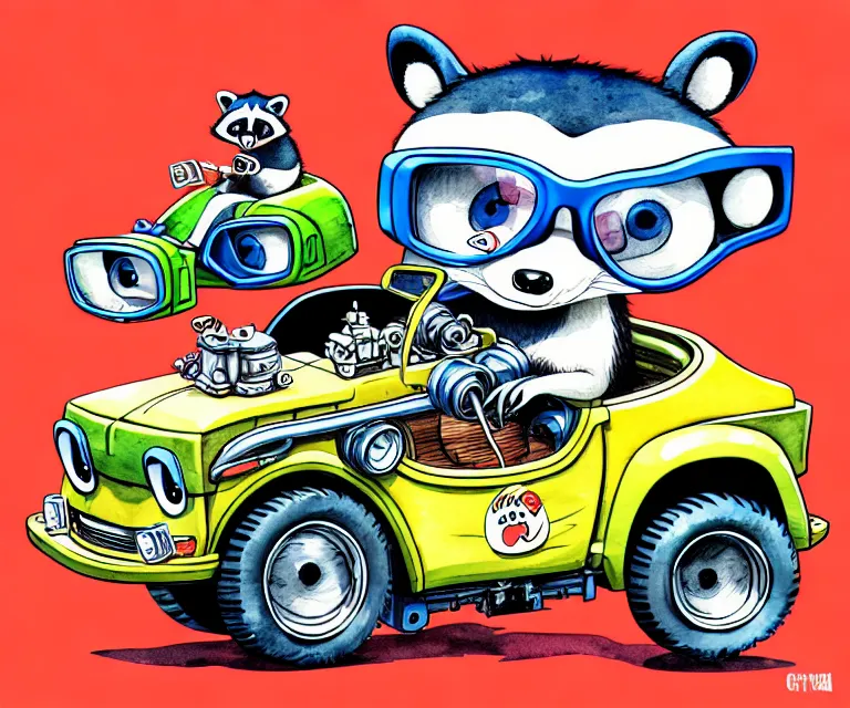 Prompt: cute and funny, racoon wearing goggles driving a tiny hot rod with an oversized engine, ratfink style by ed roth, centered award winning watercolor pen illustration, isometric illustration by chihiro iwasaki, edited by craola, tiny details by artgerm and watercolor girl, symmetrically isometrically centered