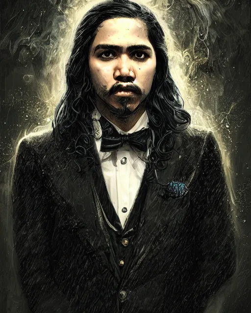 Image similar to a highly detailed portrait of carlos valdes radiating a powerful energy aura, ornate black tuxedo, wispy tendrils of smoke, intricate, digital painting, old english, raining, sepia, particles floating, whimsical background by marc simonetti, artwork by liam wong