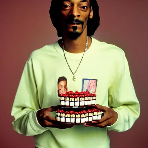 Prompt: Snoop Dogg holding a box of cupcakes for a 1990s sitcom tv show, Studio Photograph, portrait, C 12.0