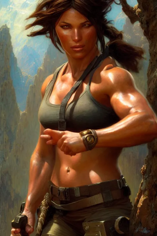 Image similar to muscular sweat lara croft, dora hair highly detailed painting by gaston bussiere, craig mullins, j. c. leyendecker 8 k