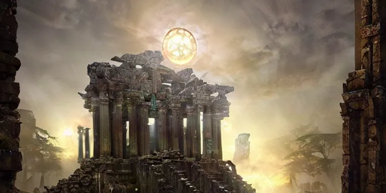 Prompt: beautiful hyperrealistic spectacular painting of the mysterious intricate ruins of the mysterious ancient temple, an advanced technology timemachine with a green - glowing - crystal from the future is inside the temple, by hubert robert and lee madwick and bastien lecouffe - deharme, dramatic moonlight lighting, advanced technology