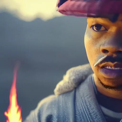 Image similar to cinematic film still of Chance The Rapper starring as a Samurai holding fire, Japanese CGI, VFX, 2022, 40mm lens, shallow depth of field, film photography