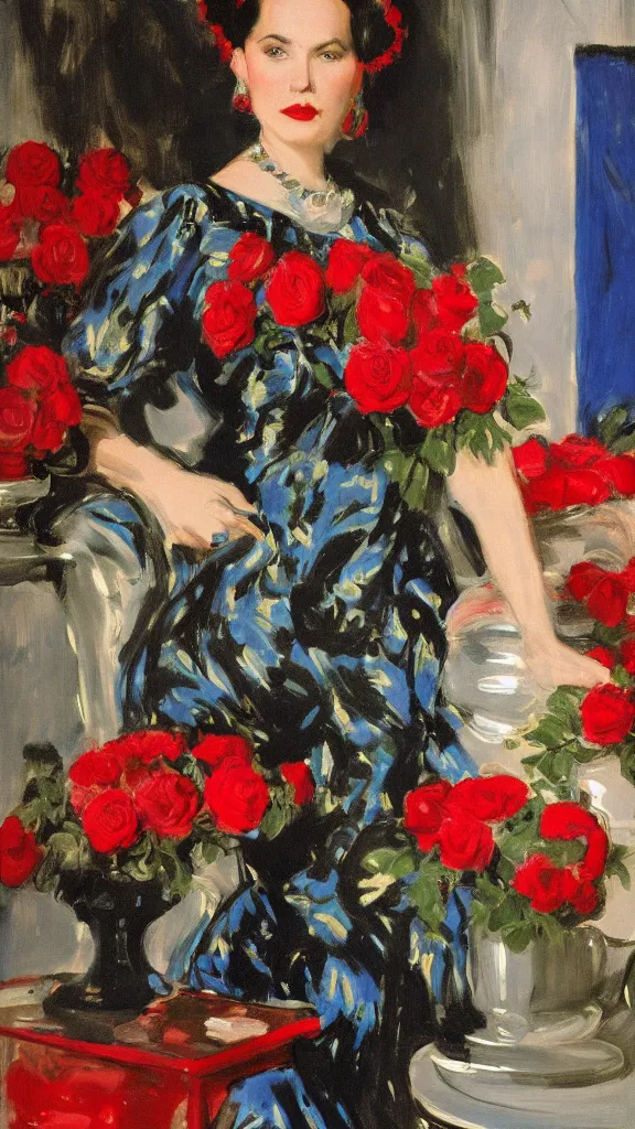 Image similar to portrait of rebekah delrio in lynch pattern dress beside of a big persian detailed pot of red roses, blue and red lights, mulholland drive, painted by john singer sargent
