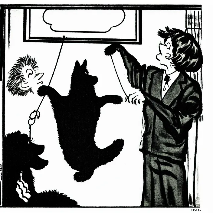 Image similar to a still frame from comic strip, two people hanging a black fluffy dog 1 9 5 0, herluf bidstrup, new yorker illustration, monochrome contrast bw, lineart, manga, tadanori yokoo, simplified,