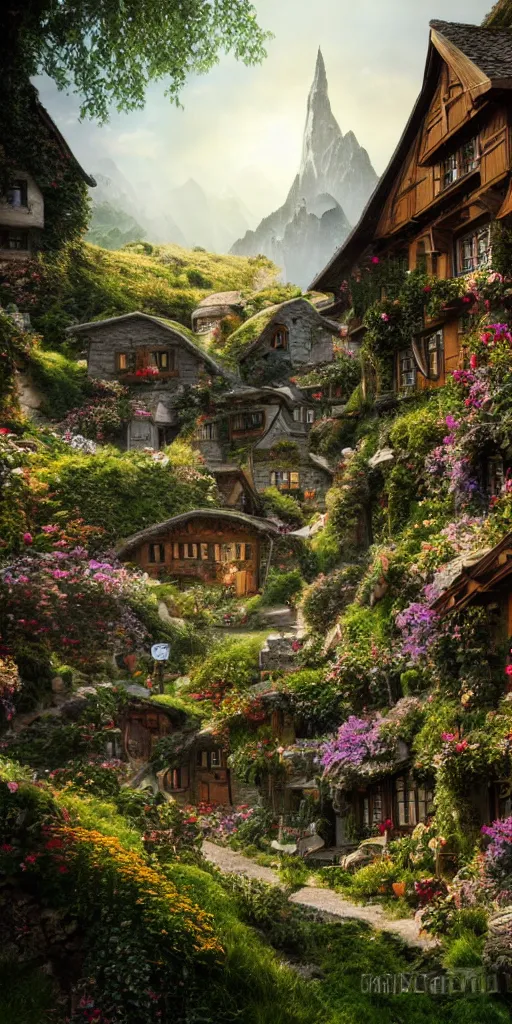 Image similar to my precious! - the hobbit - j. r. r. tolkien - a medieval village in switzerland, ornate, beautiful, atmosphere, vibe, flowers, concept art illustration, greg rutowski, volumetric lighting, sunbeams, particles