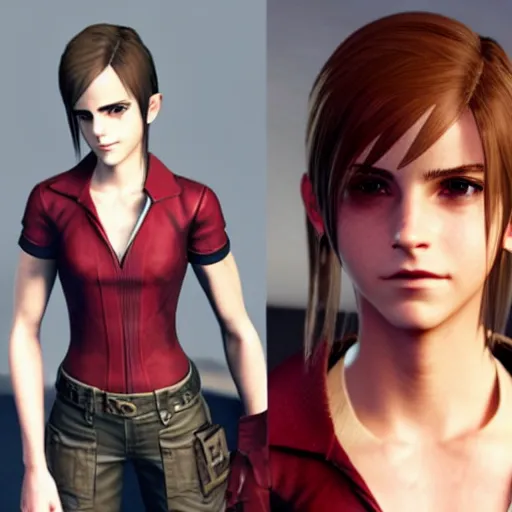 Image similar to emma watson in final fantasy vii remake, hair in a ponytail, character render, full body shot, highly detailed, in game render