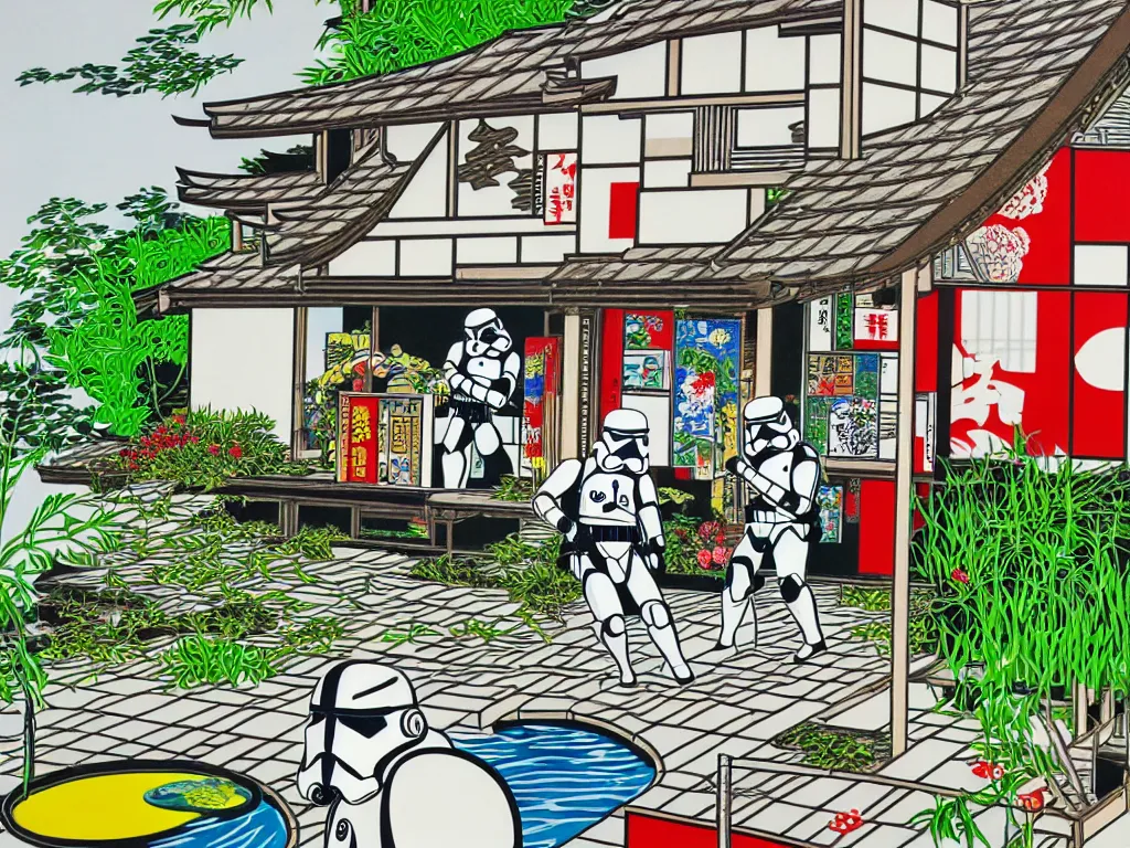 Prompt: detailed close - up image of the japanese home with a garden and a pond, 2 stormtroopers sitting around it, pop - art style, jacky tsai style, andy warhol style, roy lichtenstein style, rich palette, acrylic on canvas