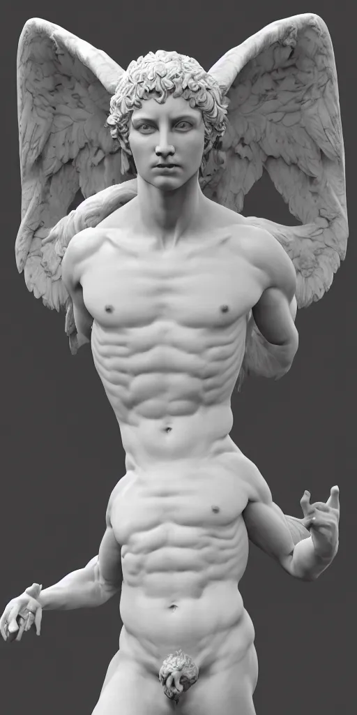Prompt: delicate full body renaissance marble sculpture of Lucifer highly aroused, perfect symmetrical face, highly detailed transparent marble cloth, gi, global illumination, physically based rendering, photorealistic, top light, dark background