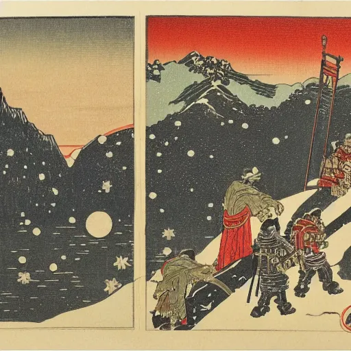 Prompt: imperial japan propaganda, colored woodblock print, late meiji period, space marines, winter landscape
