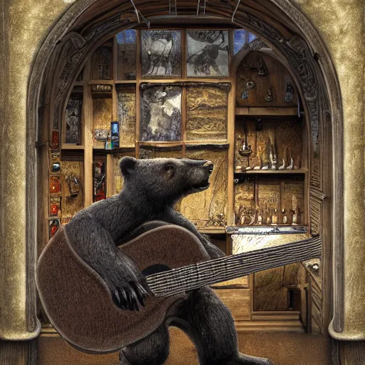 Image similar to A realistic bear playing guitar in a medieval shop viewed from the inside, texture, intricate, details, highly detailed, masterpiece, architecture, building, trending on artstation, focus, sharp focus, concept art, digital painting, fantasy, sunny, day, midday, in the style of skyrim