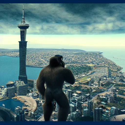 Prompt: king kong climbing aucklands sky tower, cinematic atmosphere, arnold render, trending on artstation, cgsociety