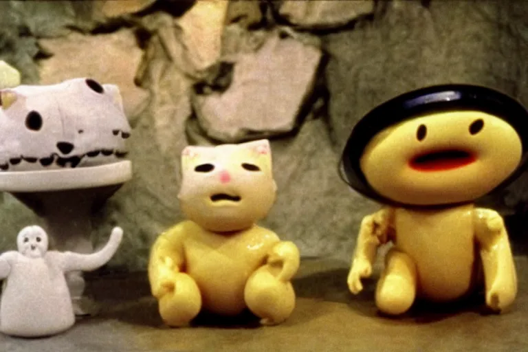 Prompt: still frame from a surreal 1979 children's tv show with molten statue baby, ghost cats, and a sad cheese puppet