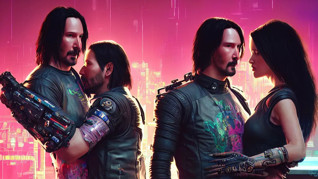 Image similar to a cyberpunk 2077 srcreenshot couple portrait of Keanu Reeves & female android in kiss,love story,film lighting,by Laurie Greasley,Lawrence Alma-Tadema,Dan Mumford,John Wick,Speed,Replicas,artstation,deviantart,FAN ART,full of color,Digital painting,face enhance,highly detailed,8K,octane,golden ratio,cinematic lighting