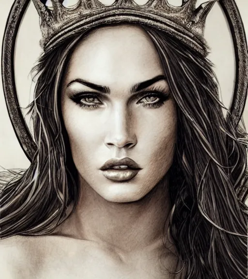 Image similar to portrait of megan fox as beautiful aphrodite goddess as an archer, arrow crown, beautiful piercing eyes, flowing blonde hair, realistic face, black and white drawing, in the style of greg rutkowski, fantasy, amazing detail, epic, intricate, elegant, smooth, sharp focus