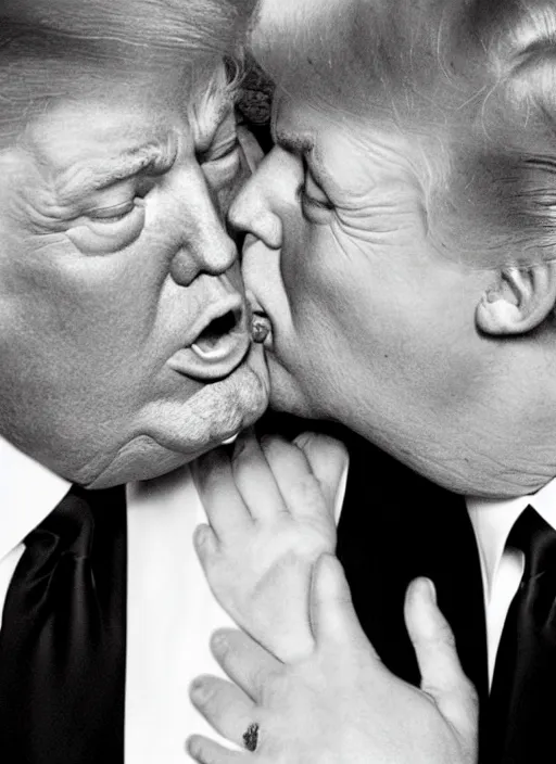 Prompt: beautiful romantic photo of donald trump kissing donald trump. hq