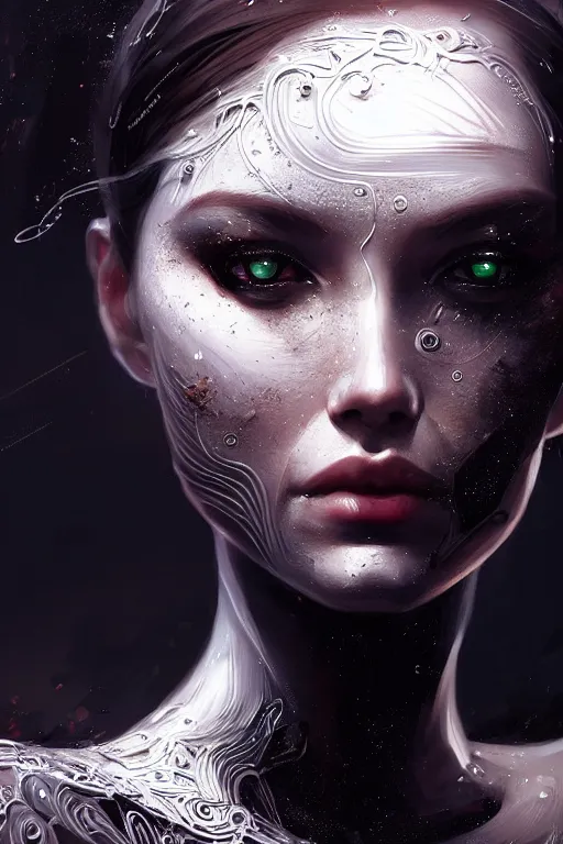 Image similar to beautiful female android in distress!, black shiny eyes, half portrait, background explosion, intricate detailed environment, floro details, intricate, elegant, highly detailed, digital painting, artstation, concept art, smooth, sharp focus, illustration, art by brian sum, greg rutkowski