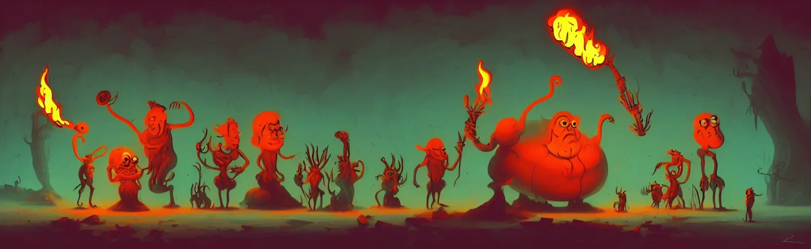 Image similar to uncanny whimsical savage mutants from the depths of a vast wasteland in the collective unconscious, dramatic lighting from fiery torches, surreal fleischer cartoon characters, shallow dof, surreal painting by ronny khalil