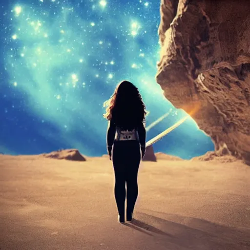 Image similar to retro female astronaut model!!!!, back view, walking out of a cave future city!!, vintage photograph, long wavy brunette hair, faded, artistic!!! composition, looking to the horizon holding a mechanical wand, award winning artistic photograph, centered in frame