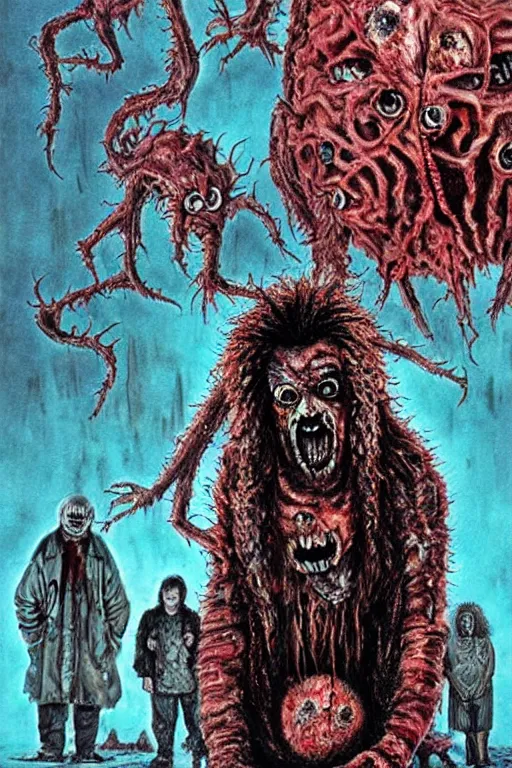 Image similar to a photorealistic horrific gorey nightmarish painted movie poster for The Thing 2 in the style of john carpenter and wayne barlowe