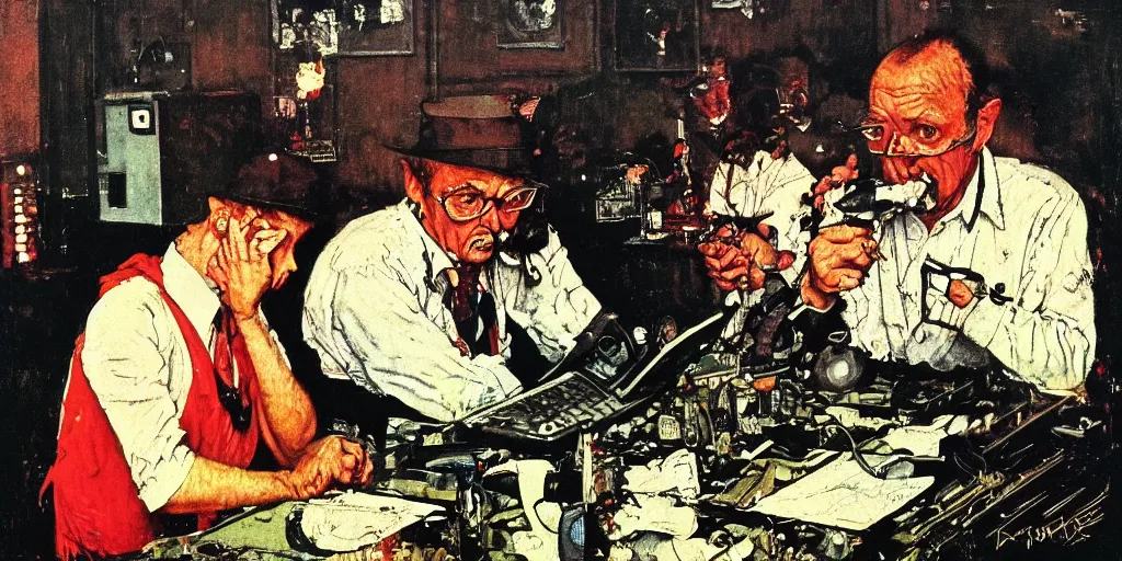 Prompt: staring into a computer screen, norman rockwell style, ralph steadman style, night color scheme