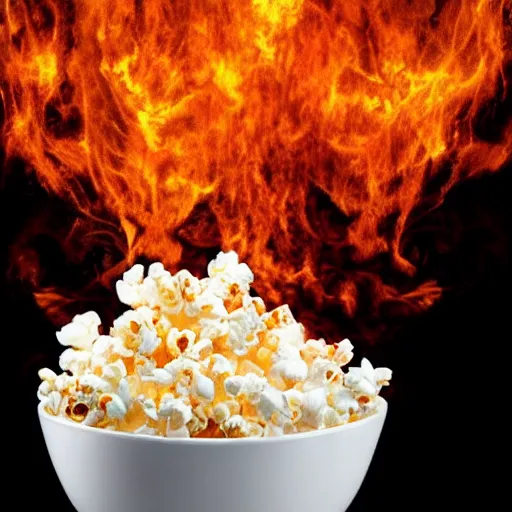 Image similar to fluffy popcorn hit by lightning, elemental spirit, in the style of a manga character, with a smiling face and flames for hair, sitting on a lotus flower, white background, simple, clean composition, symmetrical