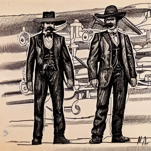 Image similar to hand drawn image of wyatt earp and doc holliday standing on the deck of a futuristic spacecraft with gears and unknown alien hydro technology, inspired by the movie interstellar, high detail, ultra realistic