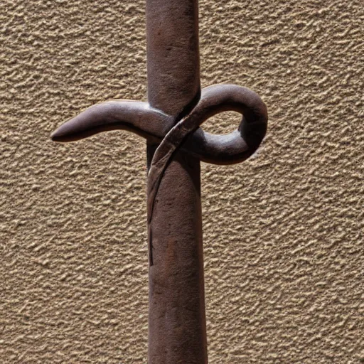 Prompt: Bronze 1500BCE Canaanite pole with serpent carving at the top. 40mm lens, shallow depth of field, split lighting