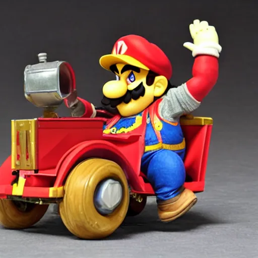 Prompt: wario riding a cart from mario 6 4 action figure