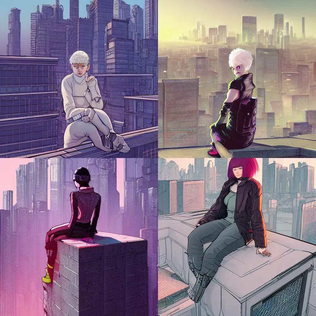 Prompt: young woman with short white hair and grey eyes. She is apathetic. She is wearing cyberpunk clothing. She is sitting on a rooftop ledge. The ledge overlooks a modern city skyline. Album art in the style of Moebius, in the style of Peter Chung. Trending on artstation. Award winning.