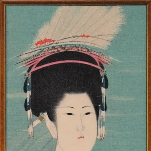 Prompt: beautiful japanese vintage panting of a lady in headdress, zen concept