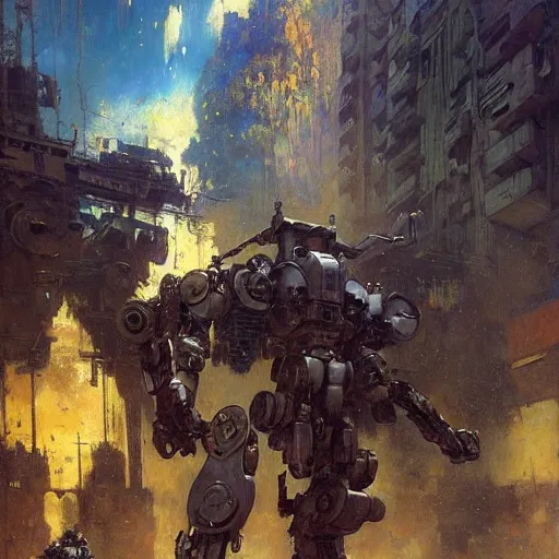 Image similar to six meters tall mech fighting in an urban environment, epic action scene, by gaston bussiere craig mullins jc leyendecker gustav klimt artgerm greg rutkowski john berkey, bergey, craig mullins, ruan jia, raymond swanland, jeremy mann, tom lovell, alex malveda