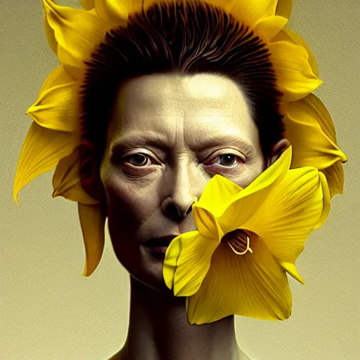 Prompt: medium shot, tilda swinton face fused with daffodil, inside the flower, daffodils, highly detailed, unreal engine, 3 d art, digital art, painting by greg rutkowski