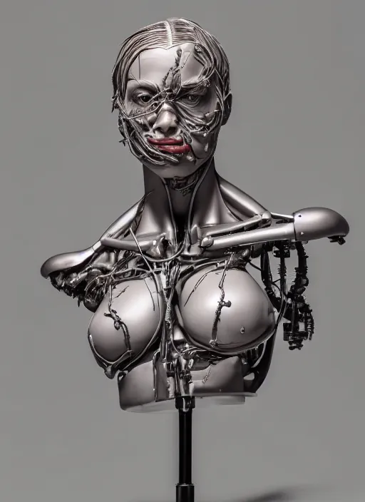 Prompt: an orthographic damaged bust sculpture of anatomical female detailed cyborg, veins, titanium mechanical parts, studio lighting by Wes Anderson