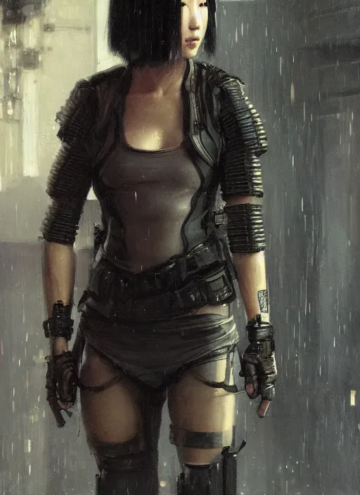 Image similar to Maria Tanaka. female Cyberpunk samurai wearing military vest walking through nightclub (blade runner 2049, cyberpunk 2077). Orientalist portrait by john william waterhouse and James Gurney and Theodore Ralli and Nasreddine Dinet, oil on canvas. Cinematic, hyper realism, realistic proportions, dramatic lighting, high detail 4k