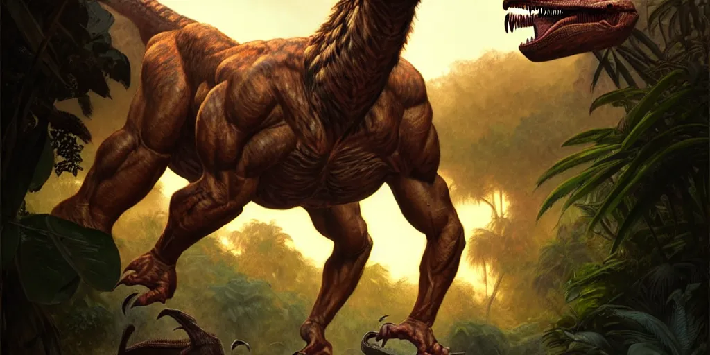 Prompt: a muscular caveman, heroic pose, with a velociraptor, in the jungle, sunset, volumetric light,, eerie, highly detailed, digital painting, artstation, concept art, matte, sharp focus, illustration, art by artgerm and greg rutkowski and alphonse mucha