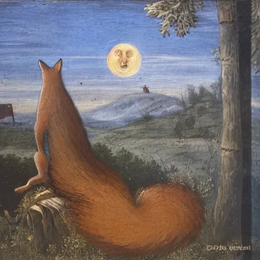 Image similar to one lone fox ontop a wooden fence, painted by da vinci