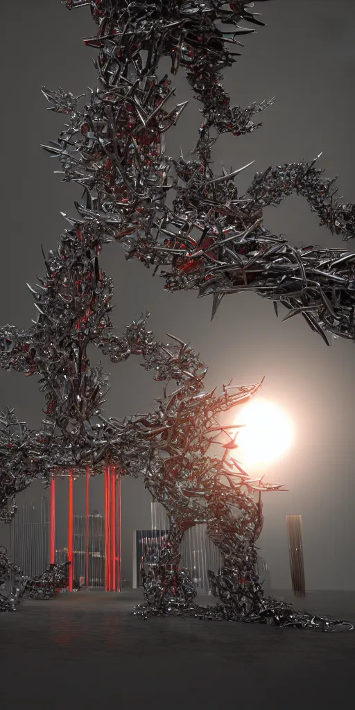 Image similar to 3 d render of a torii gate sculpture made of chrome, chrometype, made of liquid metal, fractal neotribal with thorns and thunders, cyberpunk japanese temple, raytraced, hyper realistic, volumetric lightning, 8 k, by zhelong xu, ouchh and and innate studio