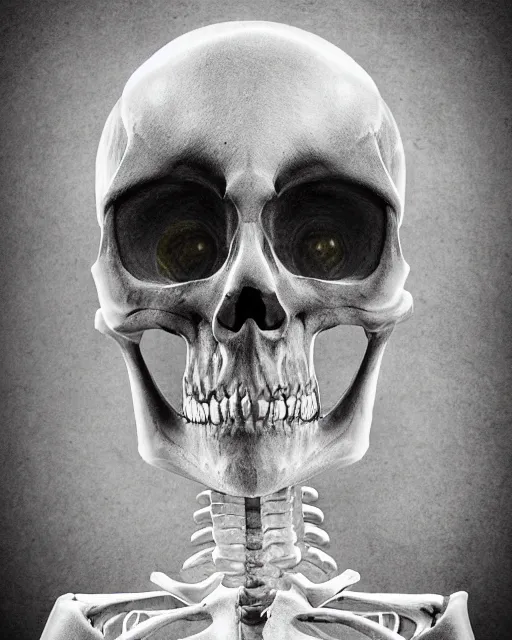 Prompt: skeleton man sees through his plan with his skeleton eye