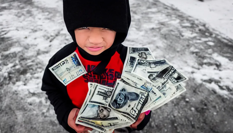 Prompt: A stunning beautiful professional photograph of a kid in a ski mask holding two full bags of cash, from Time magazine, award-winning photography, taken with Sony alpha 9, sigma art lens, full body shot