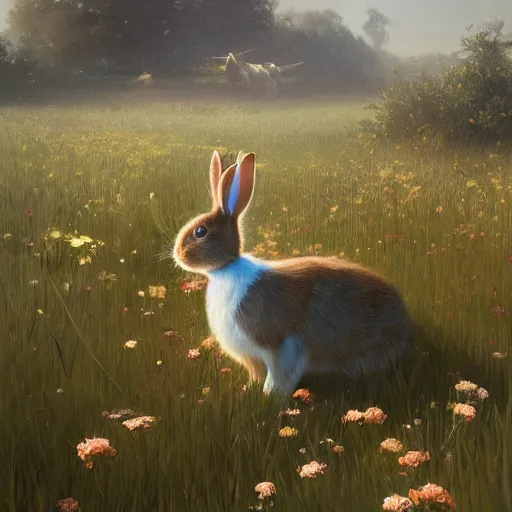 Image similar to a rabbit in a field of beautiful flowers, by stanley lau and greg rutkowski