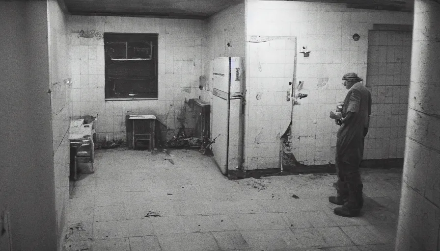 Prompt: a big snake and a old skinny man in a dirty old stalinist style kitchen, mini dv camera found footage, very very low quality picture, heavy grain, caught on security camera, heavy jpeg artifact, night vision very blurry, caught on trail cam, 1 4 4 p, ultra wide lens