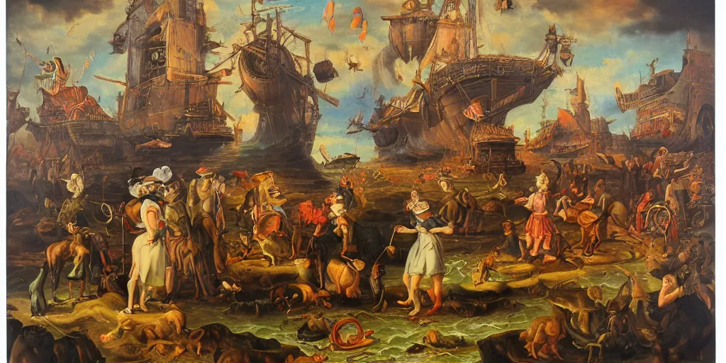 Image similar to refined dutch golden age oil painting pop surreal masterpiece in the style of robert williams,