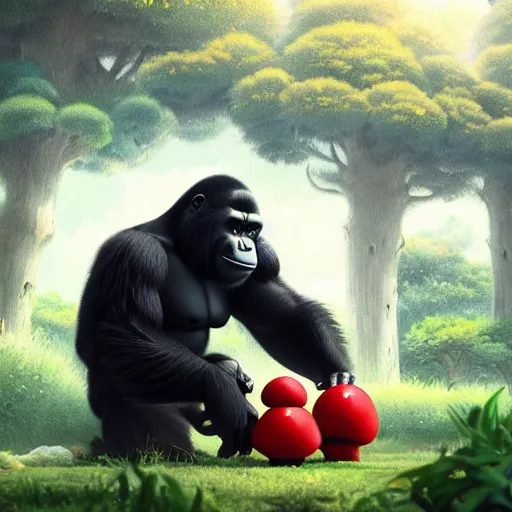 Image similar to a wholesome animation key shot of a gorilla holding a very small red mushroom, chilled out smirk on face, studio ghibli, pixar and disney animation, sharp, rendered in unreal engine 5, anime key art by greg rutkowski, bloom, dramatic lighting