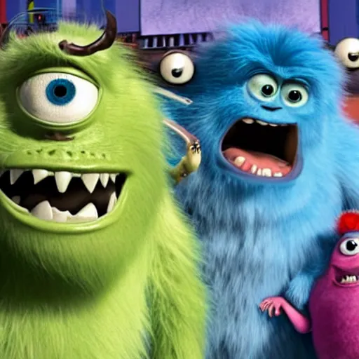 Image similar to monsters Inc sully standing next to a group of sully clones